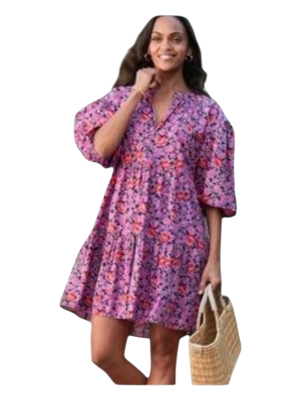 Sundry Pink Floral Tiered V-Neck Dress